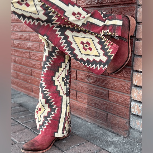 Double D Ranch Flare Pants Red and Cream Geometric Design - Picture 4 of 9